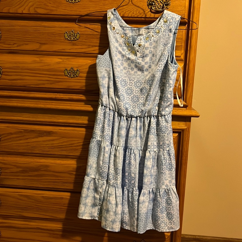blue and white knee length dress